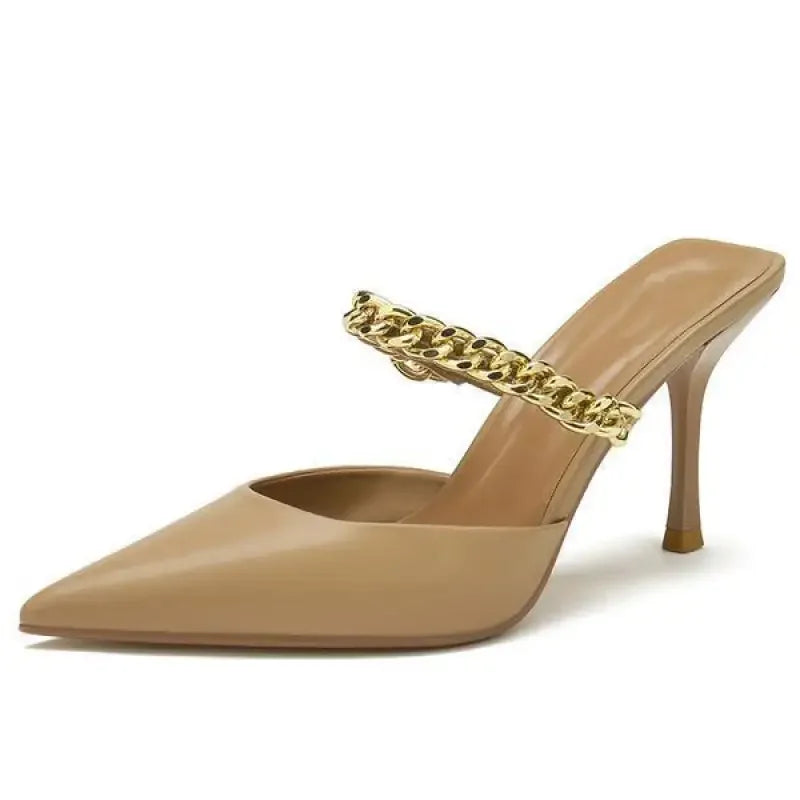 Beige stiletto mule with gold chain strap, perfect pointed toe heels for elegance