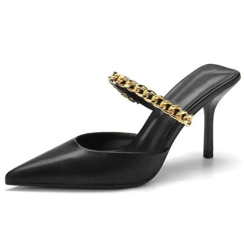 Black stiletto mule with gold chain, elegant pointed toe heels for stylish occasions
