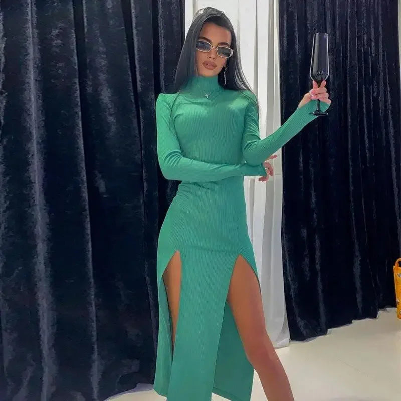 Green ribbed slit stretchy elegant dress with thigh-high slits displayed
