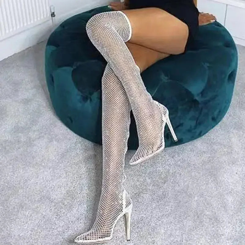Mesh long stiletto boots with rhinestone-covered thigh-high design