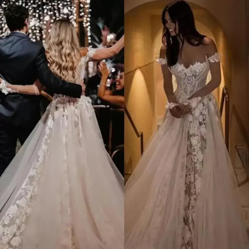 Bridal Gown with Lace Applique Tulle Off the Shoulder | Fashionsarah.com