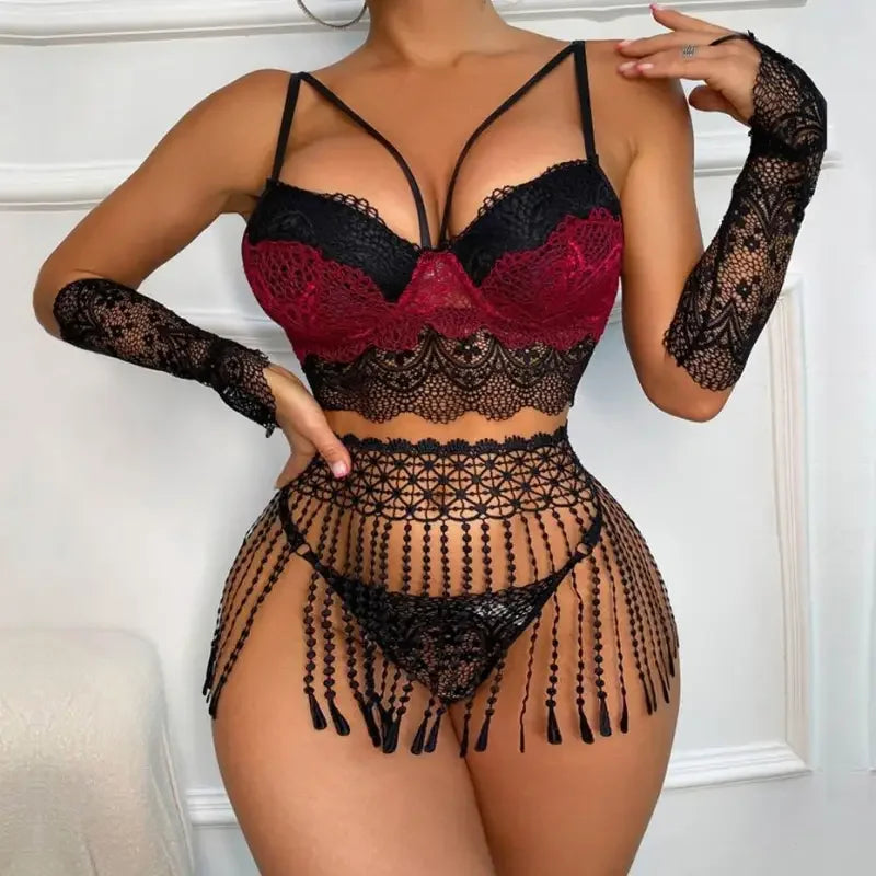 Fashionsarah.com Lingerie with Tassel Skirt and gloves