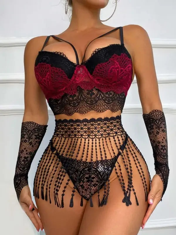 Lingerie with Tassel Skirt and gloves | Fashionsarah.com