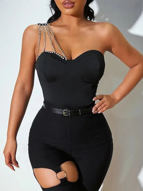 Rhinestone Chain Strap Bodysuit | Fashionsarah.com