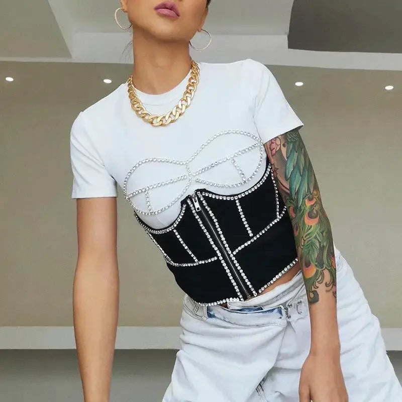 Woman wearing a white T-shirt with a black rhinestone corset from tops fashionsarah online boutique