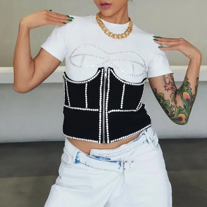 White T-shirt with black rhinestone corset from Luxury Diamond Zipper Corset Top at Tops Fashionsarah online boutique