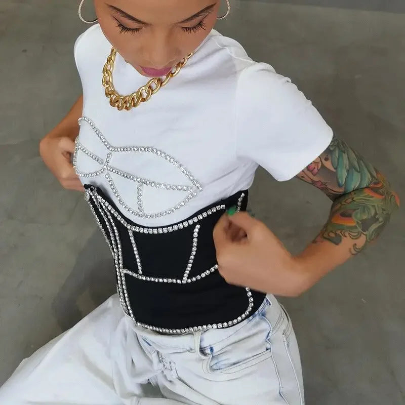 White T-shirt with black corset and rhinestone embellishments from tops fashionsarah online boutique