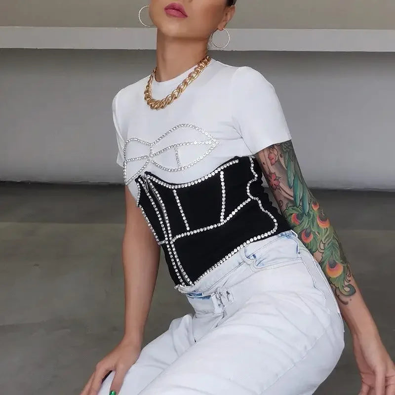Woman’s white t-shirt with black silver corset from Luxury Diamond Zipper Corset Top at Tops Fashionsarah online boutique