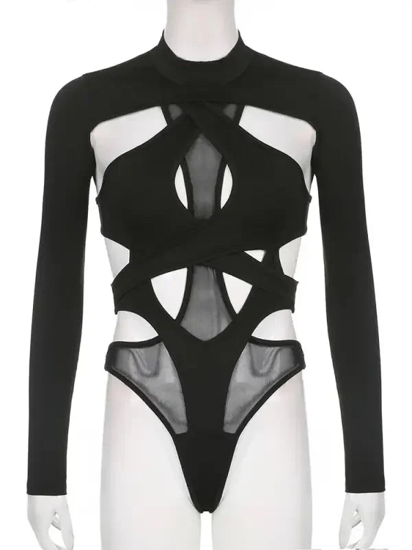 Black Mesh Hollow out Bodysuit | Fashionsarah.com