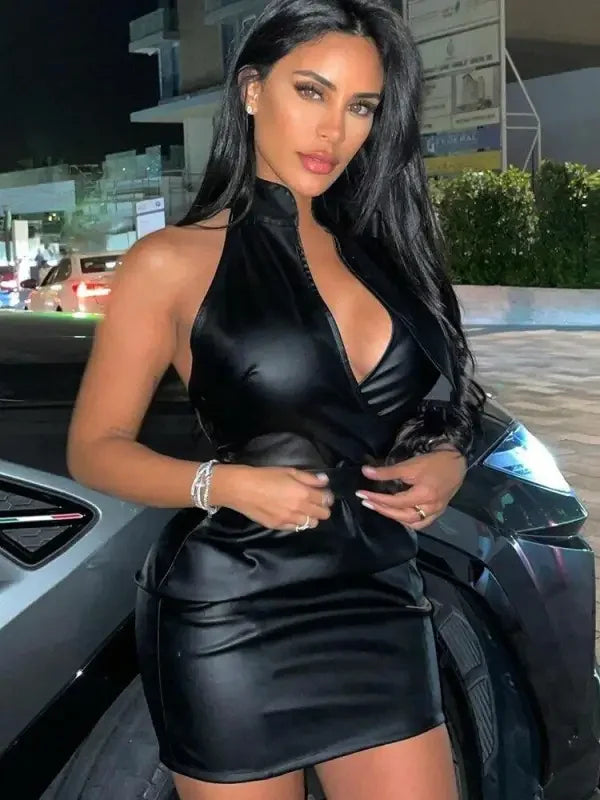 Biker Halter V-neck Dress | Fashionsarah.com