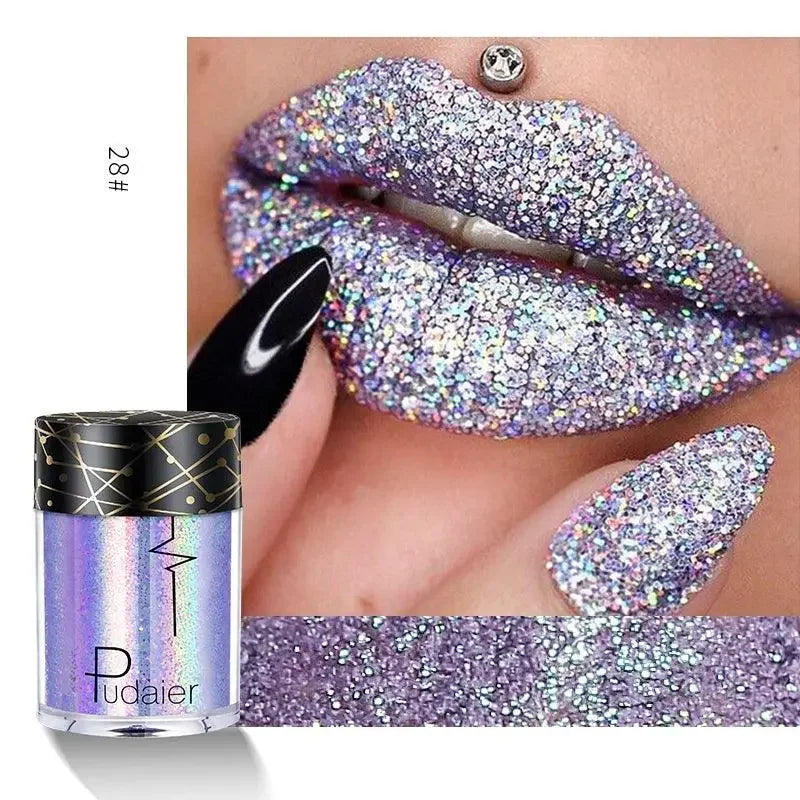 Glittery purple lip makeup displayed on Diamond Eyeshadow Nail Bloom Charm presentation