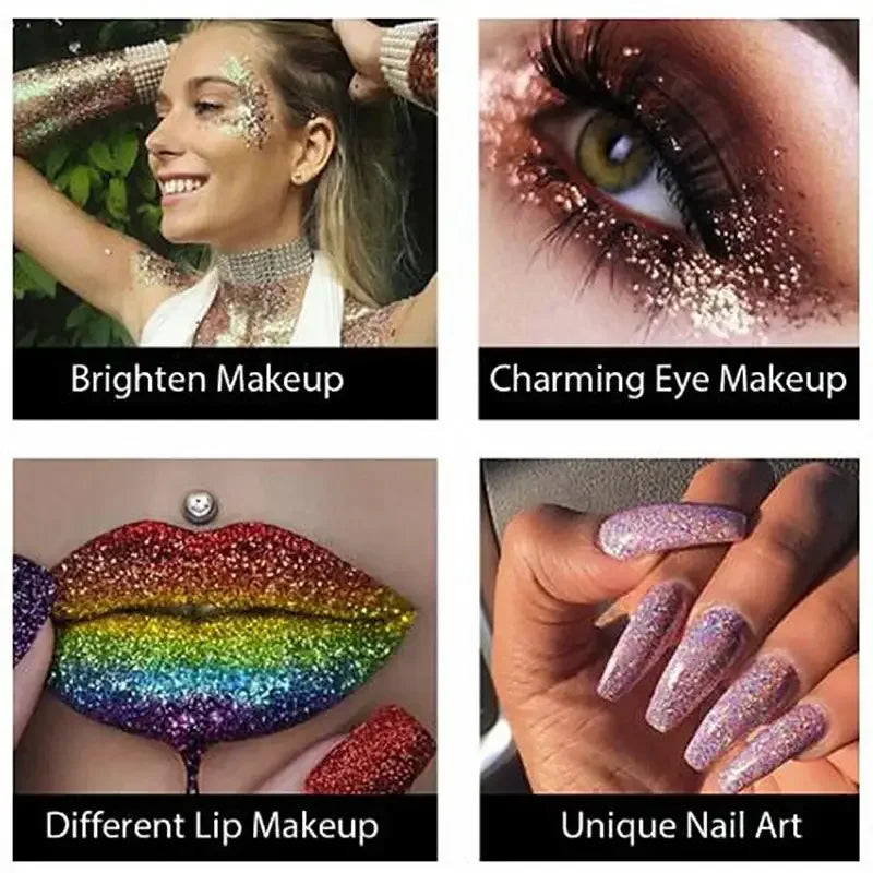 Glitter makeup and nail art collage featuring Nail Bloom Charm and Diamond Eyeshadow