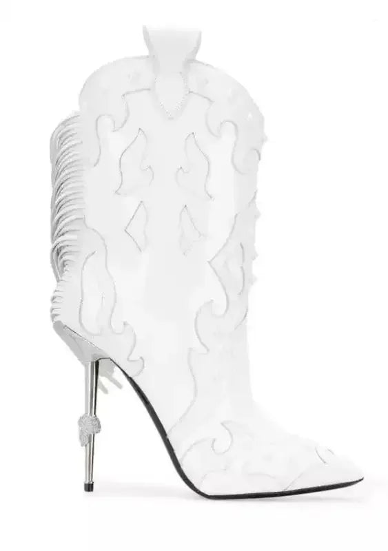 White pointed toe mid-calf cowboy boot with stiletto heel, featuring crystal tassel details