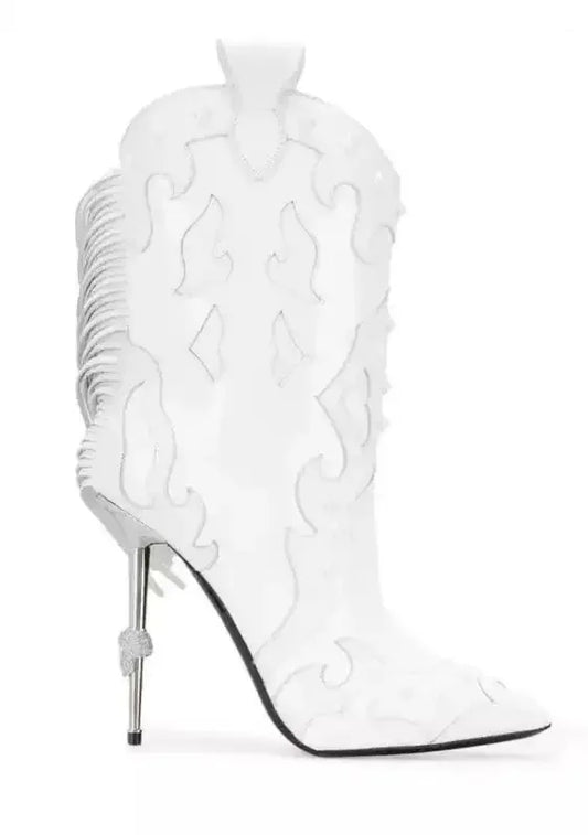 White pointed toe mid-calf cowboy boot with stiletto heel, featuring crystal tassel details