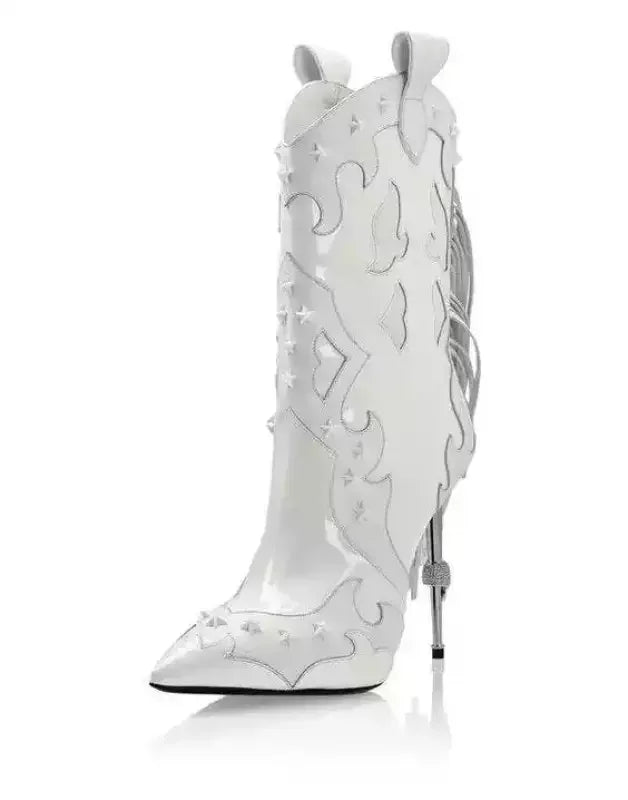 White pointed toe mid-calf boot with stiletto heel featuring crystal tassel booties