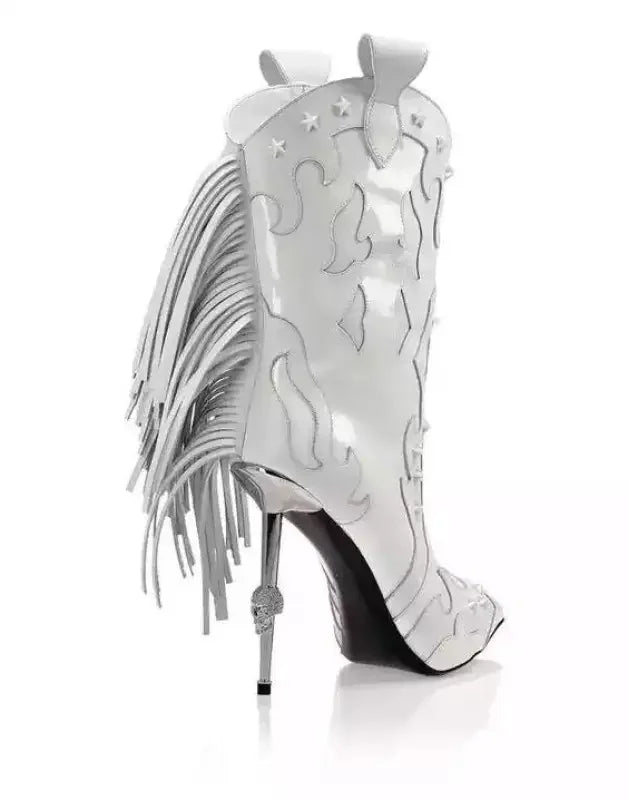 White pointed toe mid-calf boot with crystal tassel fringe and skull heel, perfect tassel booties
