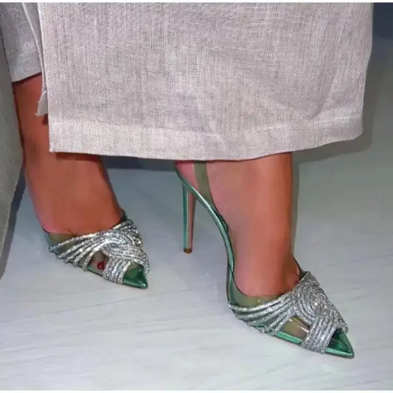 Sparkly pointed toe crystal transparent pumps showcasing elegant toe crystal transparent design