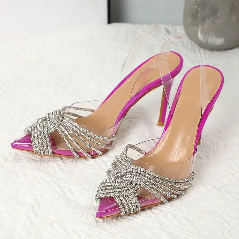 Pink pointed toe crystal transparent pumps with rhinestone embellishments for elegant style