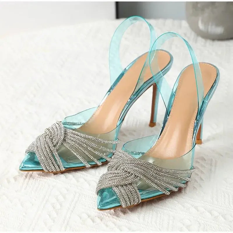 Turquoise pointed toe crystal transparent pumps with rhinestone embellishments for elegant style