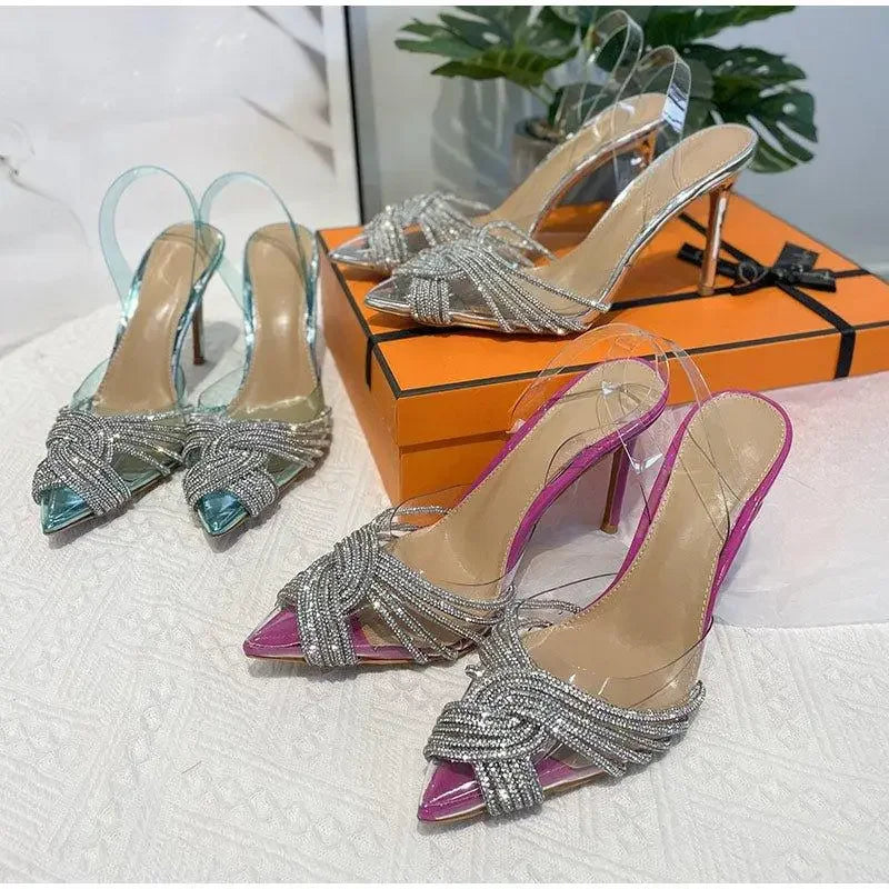 Sparkly pointed toe crystal transparent pumps for elegant fashion statements