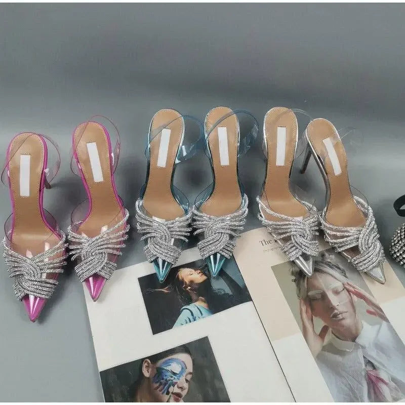 Pointed toe crystal transparent pumps with rhinestone-embellished stiletto heels