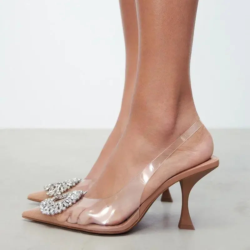Nude rhinestone pointed toe crystal transparent pumps with clear straps and embellishments
