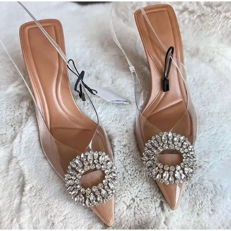 Pointed toe crystal transparent pumps with rhinestone embellishments for elegant footwear