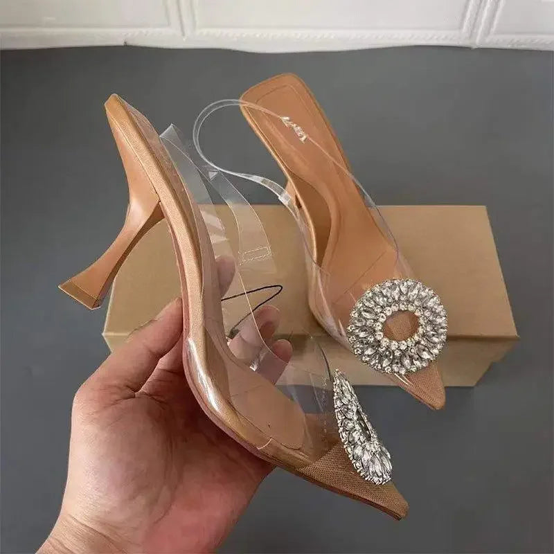 Nude Rhinestones Pointed Toe crystal transparent pumps with jeweled embellishments