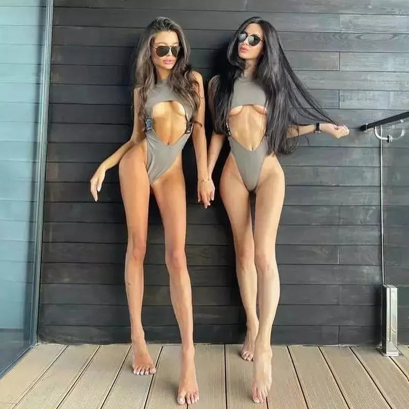 Two women wearing revealing adjustable thong monokini swimsuits, showcasing fashionSarah styles