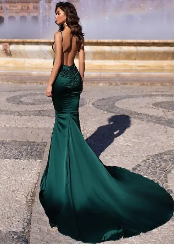 Emerald green backless gown from Stunning Stretch Satin Prom Dress collection