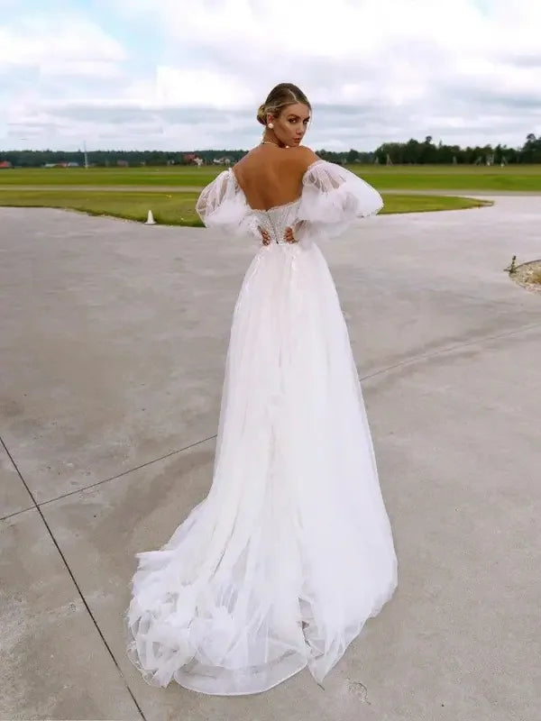 Strapless Sweetheart Wedding Dress with Puff Sleeve | Fashionsarah.com
