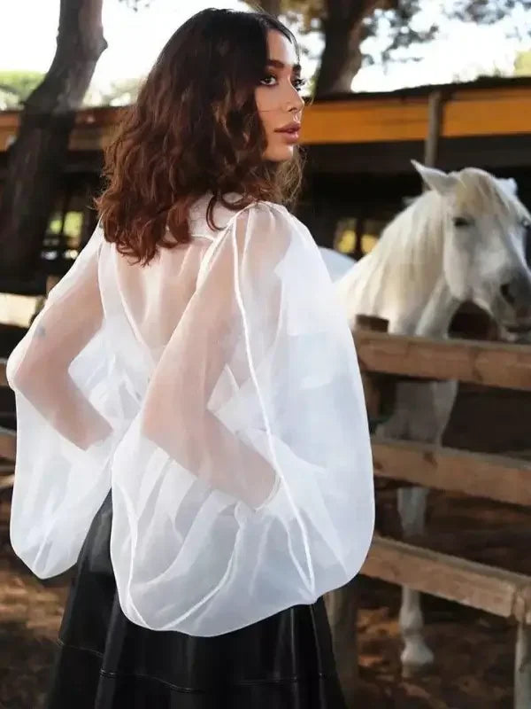 Sheer white blouse with voluminous sleeves and ruffles turndown collar for elegant style