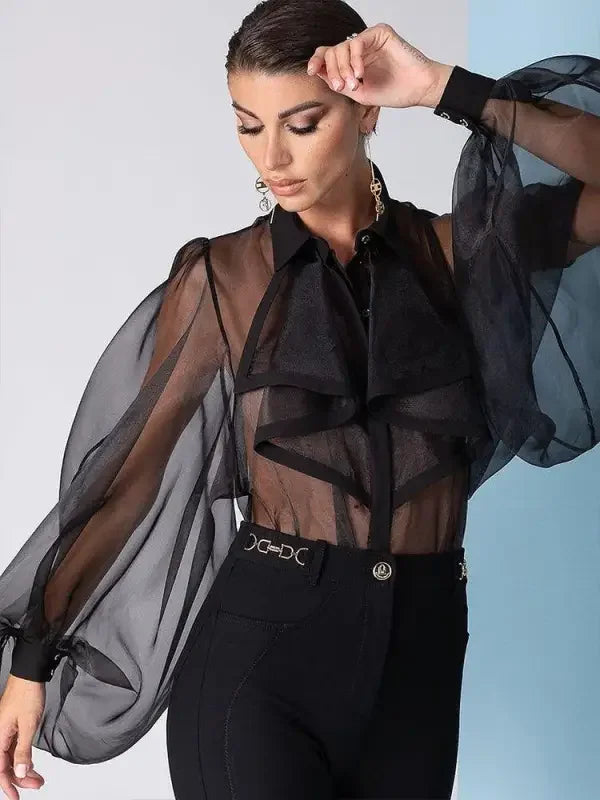 Sheer black blouse with ruffles turndown collar and front detail from Ruffles Turndown Collar Loose Bodysuit