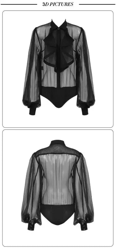 Black sheer ruffled bodysuit with turndown collar and loose fit style