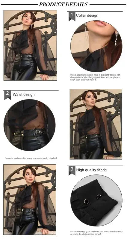 Sheer black blouse with ruffles turndown collar, waist details, and turndown collar loose fit