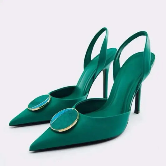 Green slingback heels with circular embellishments showcasing the New Design Pointed Toe