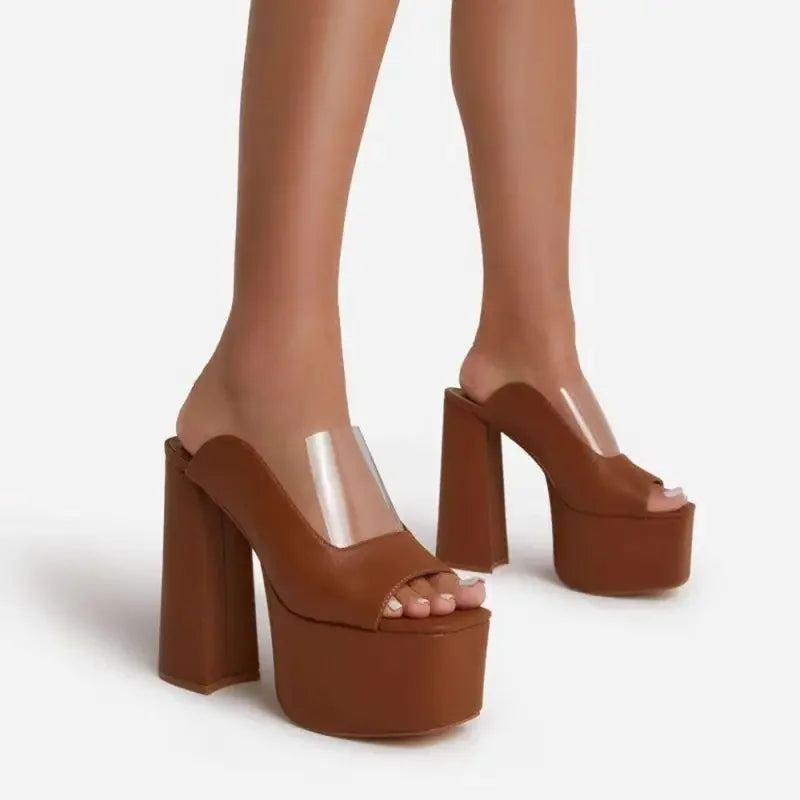 Brown platform mules with clear straps showcasing stylish open toe platforms