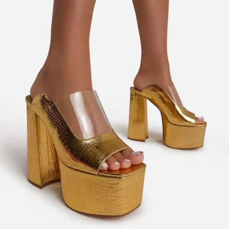 Gold platform mules featuring open toe design on stylish open toe platforms
