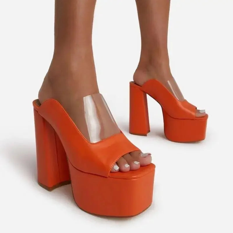 Orange platform high heels with open toe design on Open Toe Platforms shoe collection