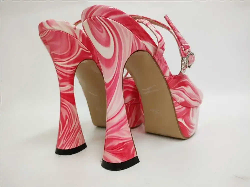 Pink and white swirl ankle buckle strap open toe platforms featuring stylish strap open toe design
