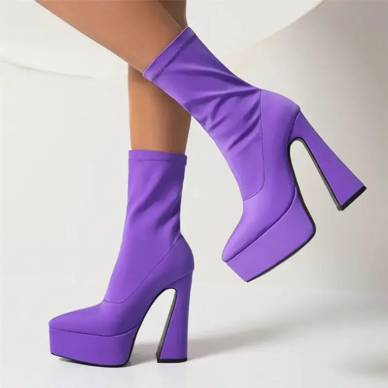 Purple platform ankle boots from Luxury Sock Platform Boots collection showcasing sock platform boots style