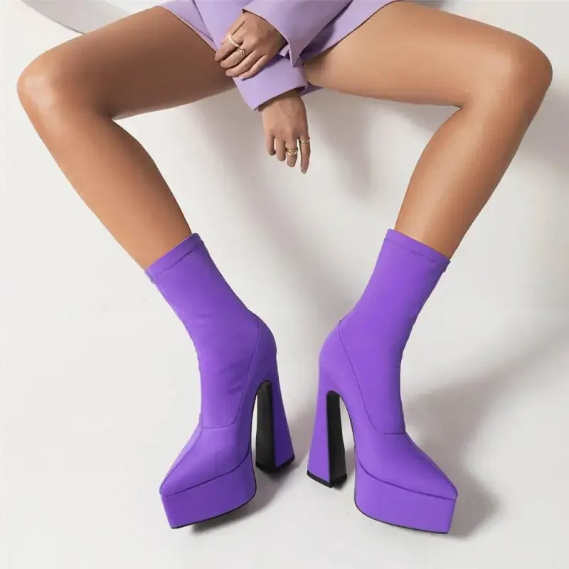 Luxury sock platform boots featuring vibrant purple platform boots design