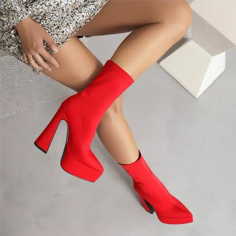 Red luxury sock platform boots with high heels, stylish platform boots