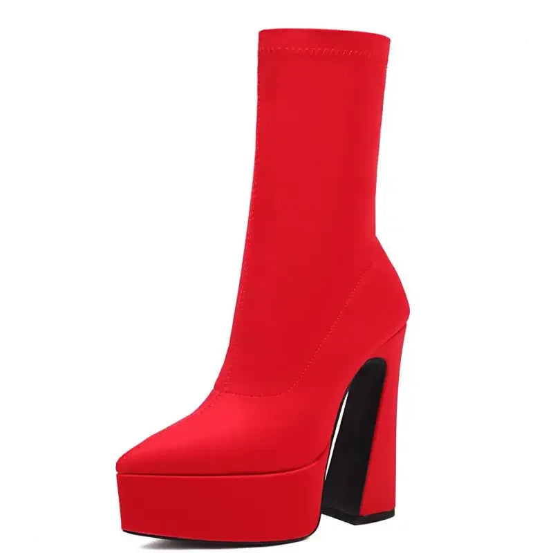 Red platform heel boot from Luxury Sock Platform Boots showcasing stylish sock platform boots