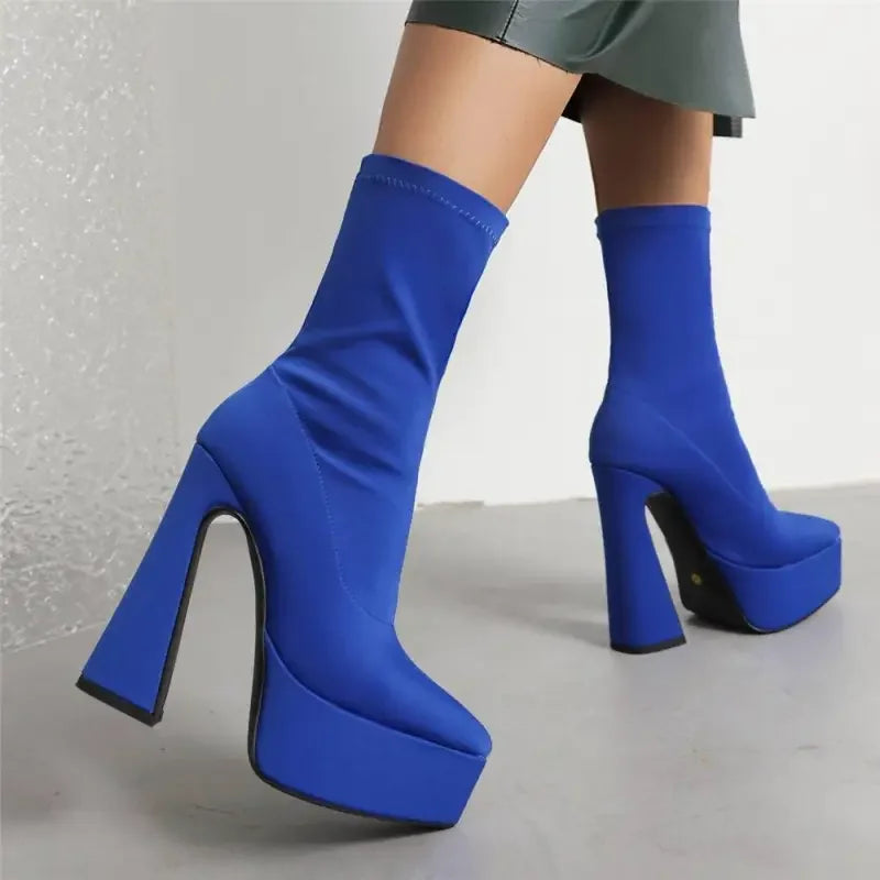 Luxury sock platform boots with blue platform heels for stylish footwear