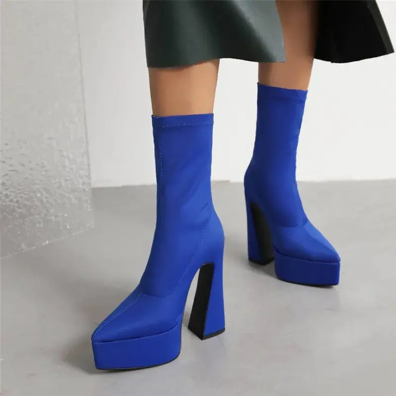 Blue platform ankle boots from Luxury Sock Platform Boots collection, stylish sock platform boots