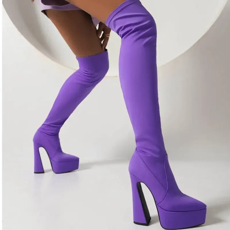 Purple platform thigh-high sock boots showcasing stylish knee platform sock design
