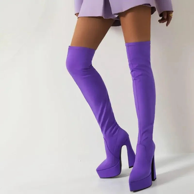 Purple platform thigh-high socks boots featuring knee platform sock design