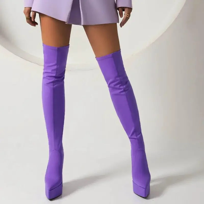 Purple Purple Platform Thigh-High Boots with Over The Knee Platform Sock Boots Style