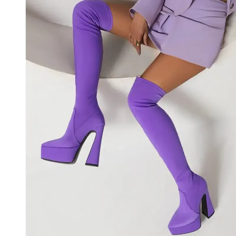 Purple platform thigh-high sock boots featuring knee platform sock design and sleek style